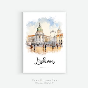 Póster de viaje de Lisboa, Portugal, impresión de la ciudad de Lisboa, arte mural imprimible de Portugal, impresiones digitales, pintura de acuarela, impresión arquitectónica