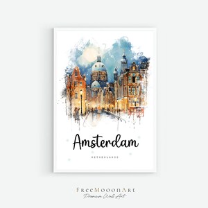 Amsterdam Cityscape Watercolor Art Print: Netherlands Travel Poster