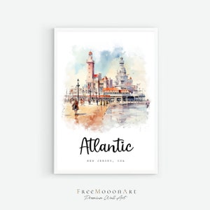 Puede incluir: Pintura acuarela del horizonte de Atlantic City, con un faro y una torre del reloj. La pintura tiene un ambiente suave y de ensueño, ideal para agregar un toque de encanto costero a la decoración de su hogar.