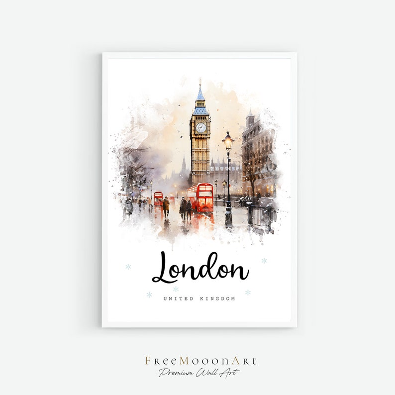 London England Travel Poster, London City Print, United Kingdom Wall Art Decor, Europe Prints, UK Digital Print, London Watercolor Painting image 1