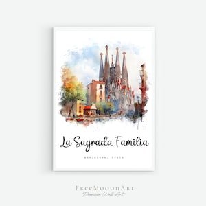 Poster di viaggio della Sagrada Familia di Barcellona, Spagna, stampa della città di Barcellona, arte murale, stampe dell'Europa, arte digitale, pittura ad acquerello, regali di viaggio