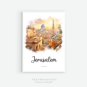 Póster de viaje de Jerusalén a Israel, impresión de la ciudad de Jerusalén, arte mural imprimible de Israel, impresiones digitales, pintura de acuarela, impresión arquitectónica