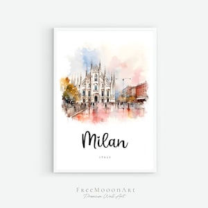 Milan Italy Travel Poster, Milan City Print, Italy Printable Wall Art, Europe Prints, Digital Art, Milan Watercolor Painting, Travel Gifts