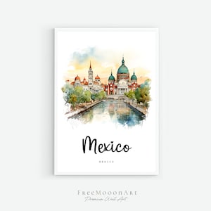 Mexico City Travel Poster, Mexico City Print, Mexico Wall Art Printable, Digital Prints, Mexico Watercolor Painting, Architecture Print