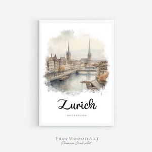 Impresión de viaje de Zúrich, Suiza, póster de la ciudad de Zúrich, decoración de pared de Suiza, impresiones de Europa, impresión digital, acuarela de Zúrich