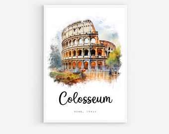 Colosseum Rome Italy Travel Poster, Rome City Print, Wall Art Printable, Digital Prints, Italy Watercolor Painting, Architecture Print