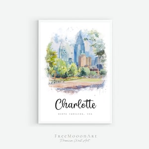 Charlotte North Carolina Reiseplakat, Charlotte City Print, Wandkunst, Dekor, USA Drucke, Digitaldruck, Charlotte Aquarellmalerei