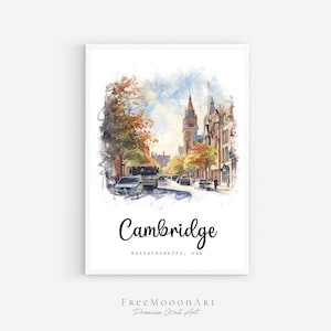 Cambridge Massachusetts Travel Poster,  Cambridge City Print, Massachusetts Wall Art Prints, USA Digital Prints,  Watercolour Painting