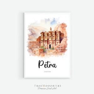 Petra Travel Poster, Petra City Print, Jordan Wall Art Printable, Digital Prints, Petra Watercolor Painting, Architecture Print