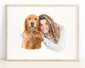 Pet And Owner Portrait, Custom Watercolor Painting from Photo, Dog Memorial Gift, Personalized Dog Portrait, Pet Lover Gift