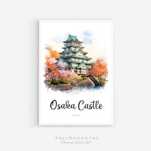 Osaka Castle Japan Travel Poster, Osaka City Print, Japan Wall Art Printable, Digital Prints, Osaka Watercolor Painting, Architecture Print