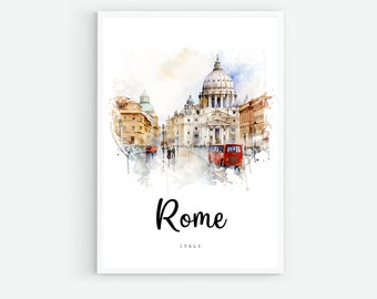 Rome Italy Travel Poster, Rome City Print, Italy Printable Wall Art, Europe Prints, Digital Art, Rome Watercolor Painting, Travel Gifts