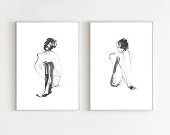 Black and White Woman Figure Art Prints: Minimalist Line Drawing
