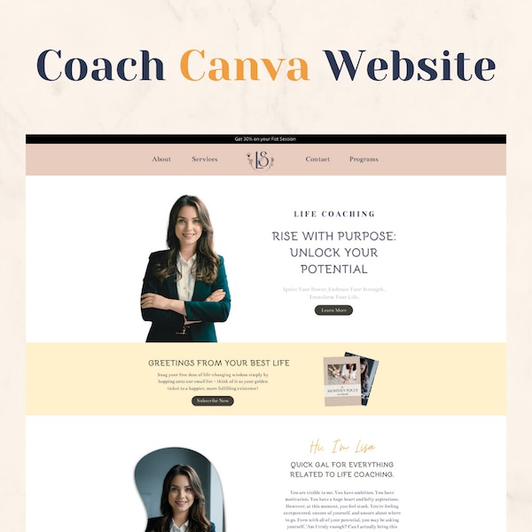 Canva Website Template for Coach, Simple Template, Clean Business, Service, Landing Page, Coaching, Courses, Services, Boho Design