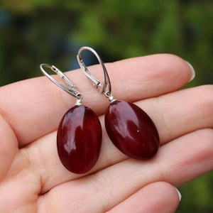 Earrings Baltic Amber Cherry Oval Dangling Silver 925 Silver