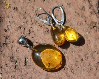 Gelber baltischer Bernstein-Schmuckset, Ohrringe, Anhänger, Fossil, natürliches Gelb, 925er Silber