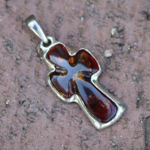 Baltic Amber Pendant Cross Dark Cognac 925 Silver Unisex