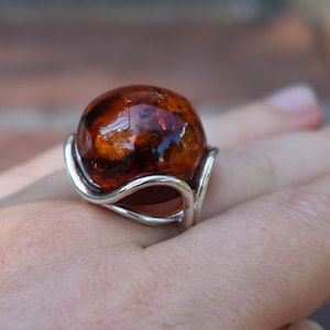 Cognac Baltischer Bernstein Ring Statement Rund Hoch 925 Silber Unisex