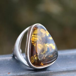 Green Baltic Amber Ring 925 Silver Unisex Triangle