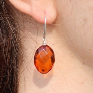 Earrings Baltic Amber Honey Faceted Oval Dangling Silver 925 Silver