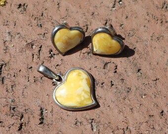 Conjunto de joyas de ámbar báltico Pendientes colgantes Corazón de caramelo Plata natural 925