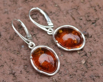 Earrings Baltic Amber Honey Oval Dangling Silver 925 Silver