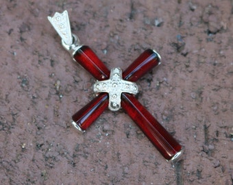 Baltic Amber Pendant Cross Cherry 925 Silver Unisex