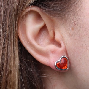 Earrings Baltic Amber Cognac Heart Studs Silver 925 Silver