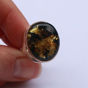 Green Baltic Amber Ring 925 Silver Unisex Oval