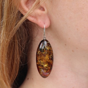 Earrings Baltic Amber Green Oval Large Statement Silver 925 Silver