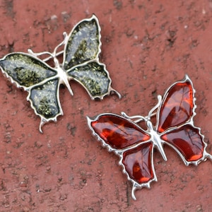 Baltic Amber Brooch Pin Butterfly Cognac Green 925 Silver