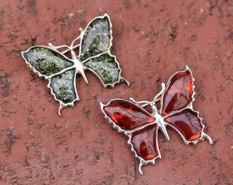 Baltischer Bernstein Brosche Pin Schmetterling cognac grün 925er Silber