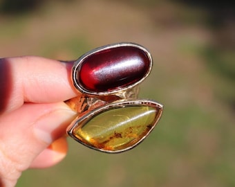 Ring aus kirschgelbem baltischem Bernstein, vergoldetes 925er Silber