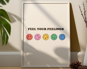 Feel Your Feelings Smiley Face Print, Retro Home Decor (Digital Download)