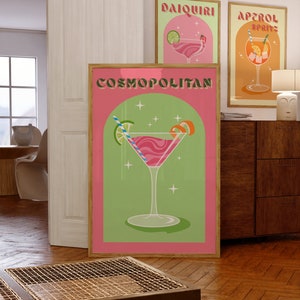 Cosmopolitan Cocktail Print, Retro Cocktail Wall Art, Cocktail Poster, Cocktail Bar Printable Art, Home Bar Kitchen Decor, Printable Gift,