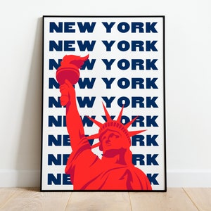 New York City Print, Digital Art, Blue and Red NYC Print, New York Poster, Cute Trendy Wall Art, New York Wall Decor, Living Room Decor