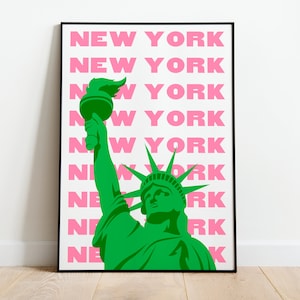 New York City Print, digitale Kunst, rosa und grün NYC Print, New York Poster, niedliche trendige Wandkunst, New York Wanddekor, Wohnzimmer Dekor