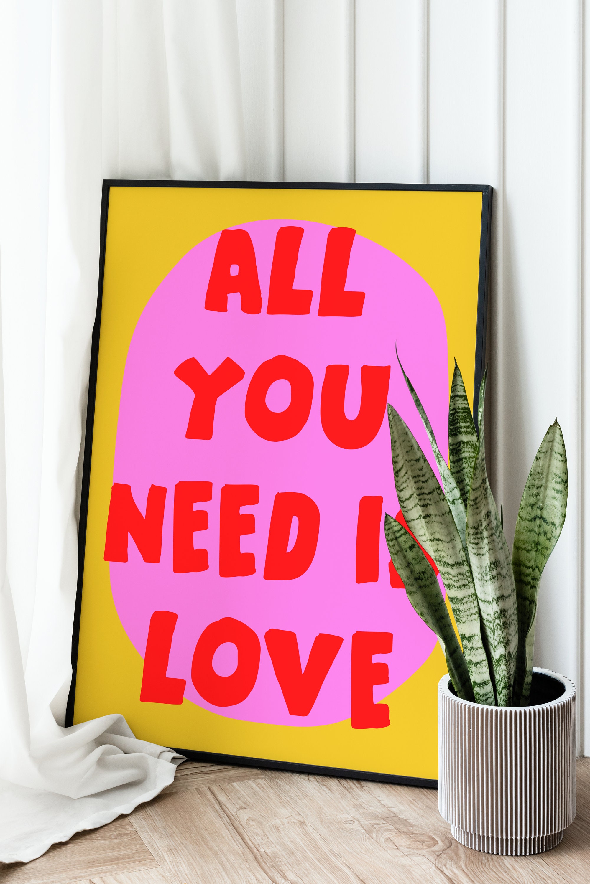 Pink all You Need is Love Poster, Retro Quote, Digital Wall Art, Love