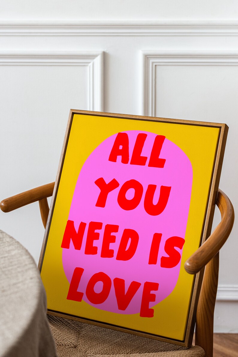 Pink all You Need is Love Poster, Retro Quote, Digital Wall Art, Love