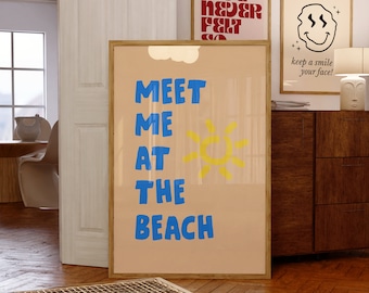 Meet Me At The Beach Print, Retro Coastal Wall Art (Digital Download)