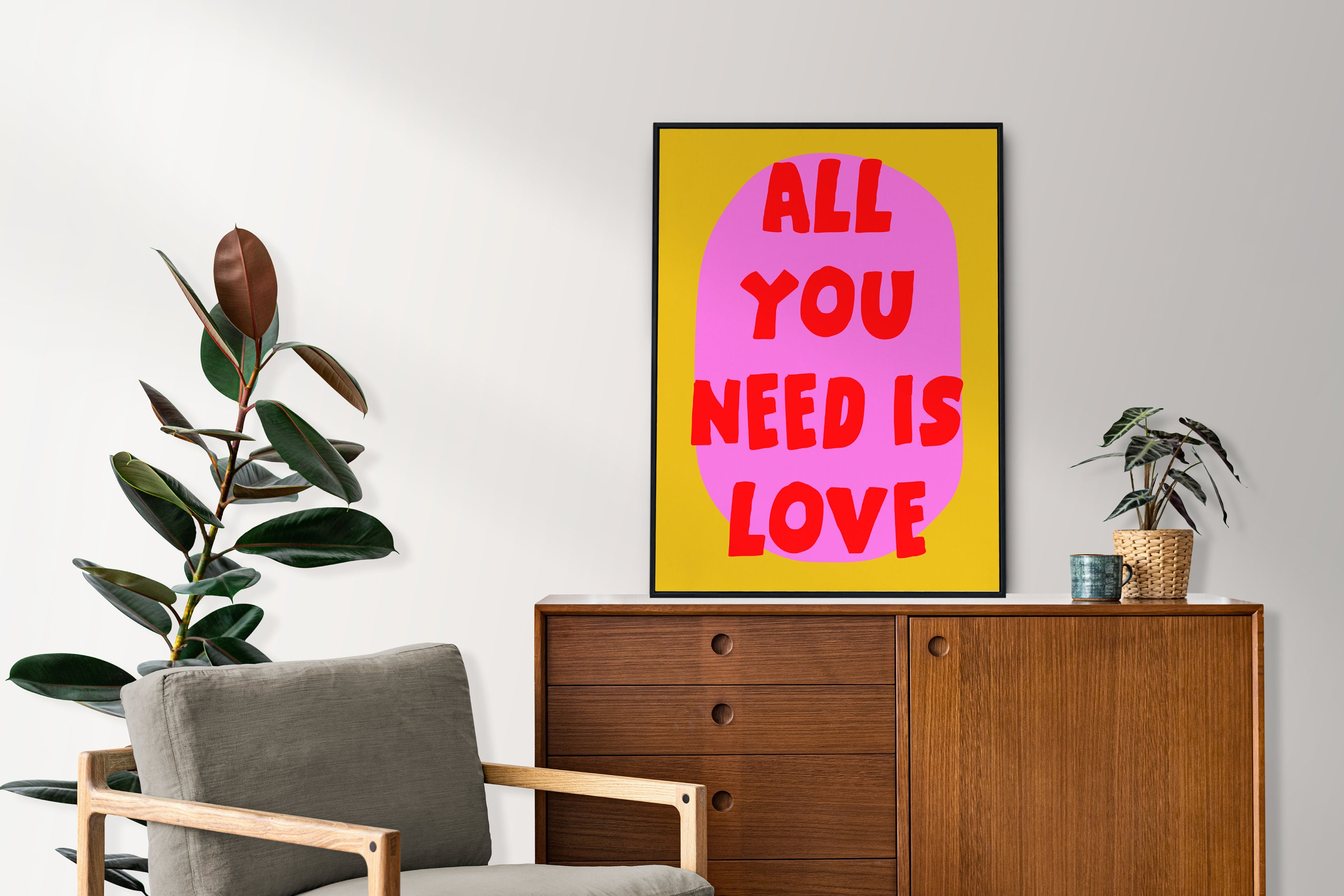 Pink all You Need is Love Poster, Retro Quote, Digital Wall Art, Love