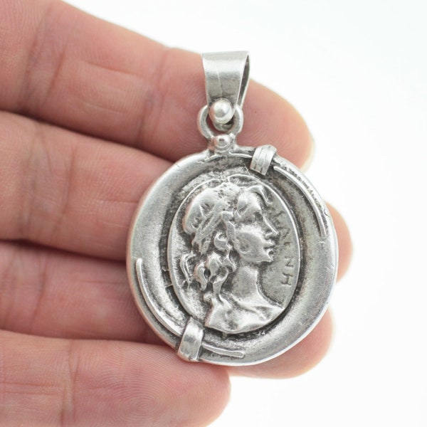 Greek coin pendant craft, Sterling silver plated pendant, Historical coin symbol pendant, Wholesale necklace material, Round pendant P103