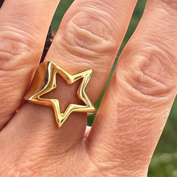 Star Ring, Gold Star Ring, Statement star ring, adjustable Ring, Silver Star Ring, Sterling Silver Plated, chunky Ring, Gift for her R230go