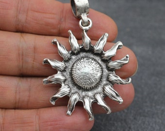 Large Sun Pendant, Statement Pendant, Big Sun, Sterling Silver Plated, leather Necklace making supply, Gift for her, Gift for him, P2090