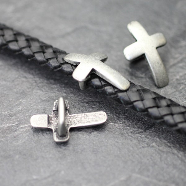 10 Cross Slider Bead, Slider For 10x6mm Licorice Leather Dark Silver Tone High Quality Jewelry Supplies for Wholesale Price, ZM69ds