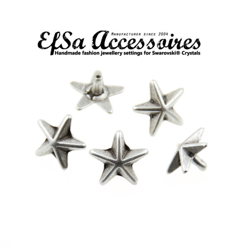 10 Silver Star Rivets, Star Charms, Sterling Silver Plated, Zamak