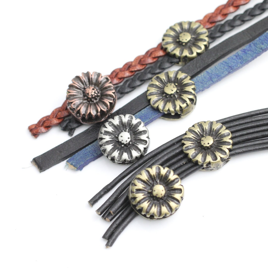 10 Flower Slider Beads, Leather Cord Slider, Flat Leather, Cords