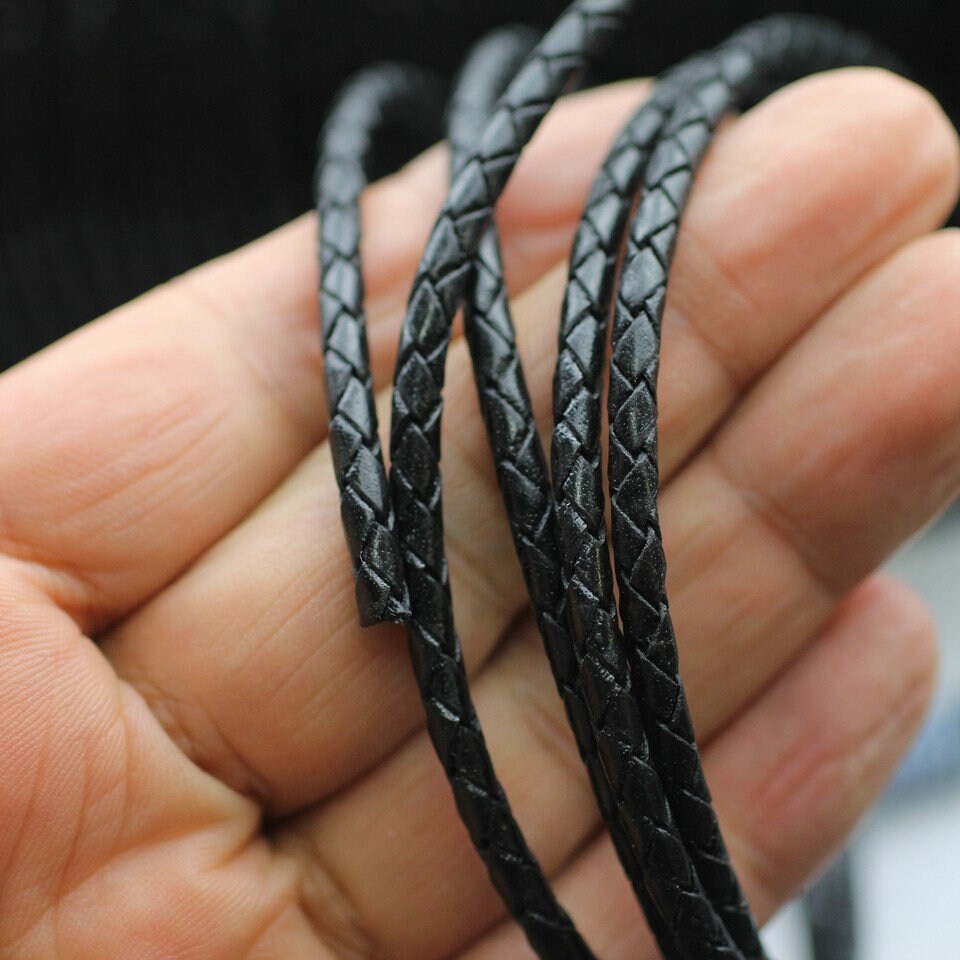 Black Leather Cord, Round Leather Cord, Round Bolo Braided Leather Cord  4mm, Top Quality Braided Leather for Jewelry Making, 17810 / 1 Yard 