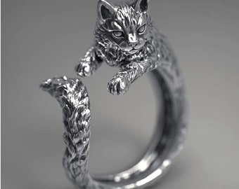 Zilveren kattenring, wrap kattenring, verstelbare statement ring, minimale dierenring, verstelbare zilveren ring, schattige kat, dierlijke sieraden, R358as