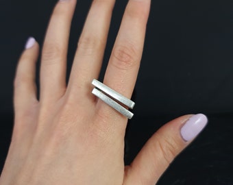 Unique ring, Silver Brutalist Double Lines Ring, Design Ring, Sterling Silver Plated Modernist Ring, Abstract Statement Silver Ring - R233